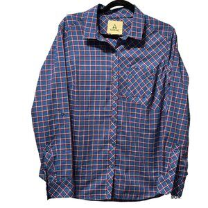 Ascend women’s size L polyester blue plaid long sleeve button front shirt